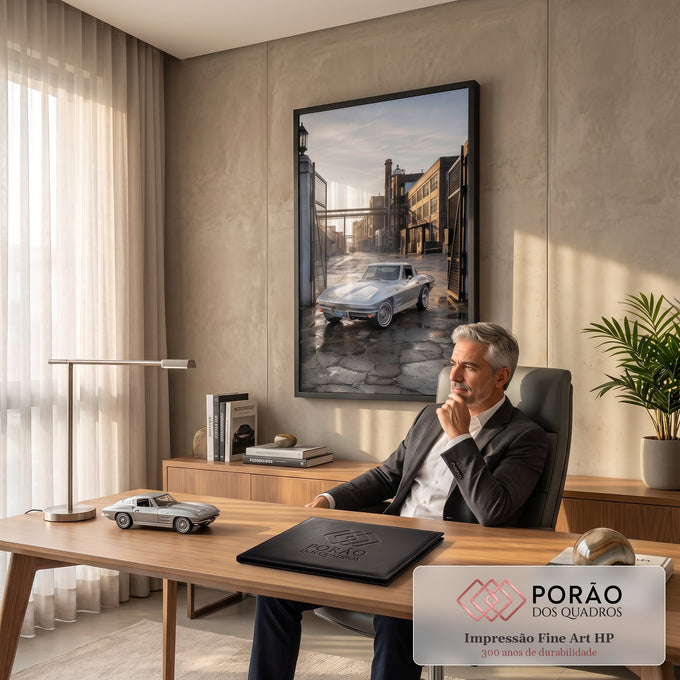 Quadro Decorativo Grande Carro Clássico Prata para Sala | quadros decorativos | carro esportivo clássico prata visto de trás em pátio industrial ao entardecer | em ambiente 2 | Porao dos Quadros