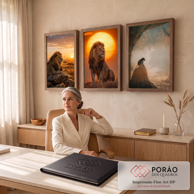 Quadro Decorativo Kit 3 Telas Leões e Babuíno para Sala | quadros decorativos | leões e babuíno na savana africana ao pôr do sol em três cenas | em ambiente 2 | Porao dos Quadros