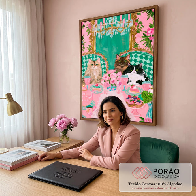 Quadro Decorativo Gatos em Chá da Tarde Rosa e Verde | quadros decorativos | quatro gatos peludos numa mesa de chá rosa e verde cercados de doces e flores | em Quadros para Quarto | Porao dos Quadros
