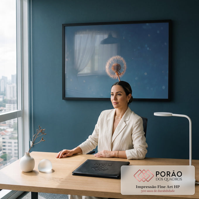 Dente-de-leão iluminado em contraluz contra céu azul com pontos de luz em bokeh, quadro decorativo