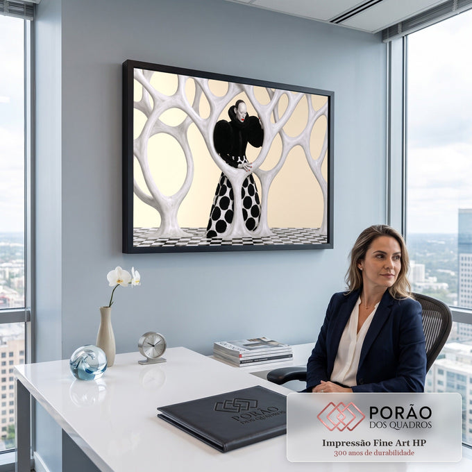 Mulher com gola rufo e saia de bolinhas entre galhos brancos, fundo bege e piso xadrez, quadro decorativo