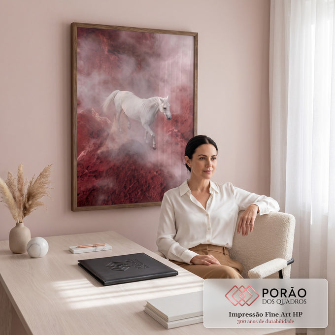 Cavalo árabe branco caminhando sobre terreno vermelho envolto em névoa, vista aérea, quadro decorativo