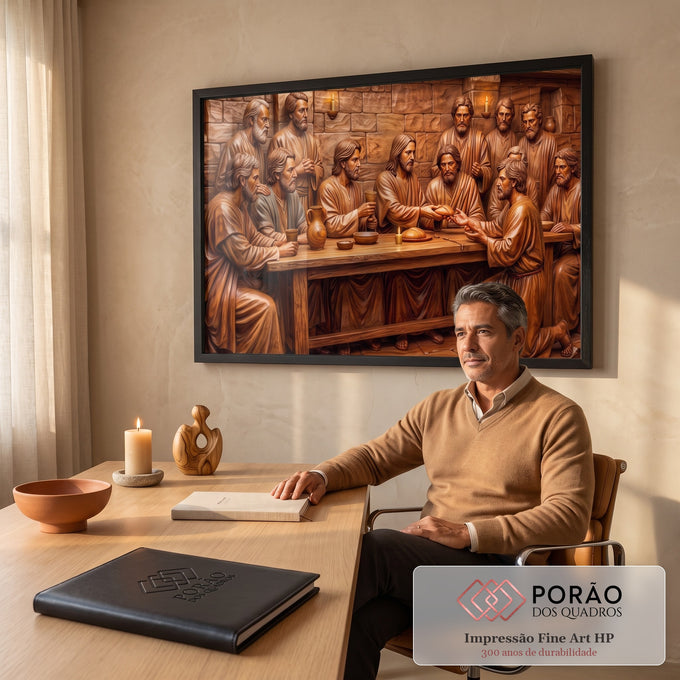 Quadro Decorativo Grande Última Ceia Madeira para Sala | quadros decorativos | Última Ceia em efeito de talha de madeira marrom com Jesus e apóstolos à mesa | em ambiente 2 | Porao dos Quadros