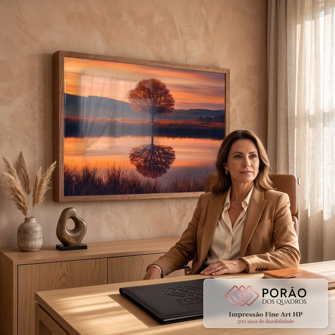 Árvore de outono solitária refletida em lago calmo sob céu laranja de pôr do sol, quadro decorativo