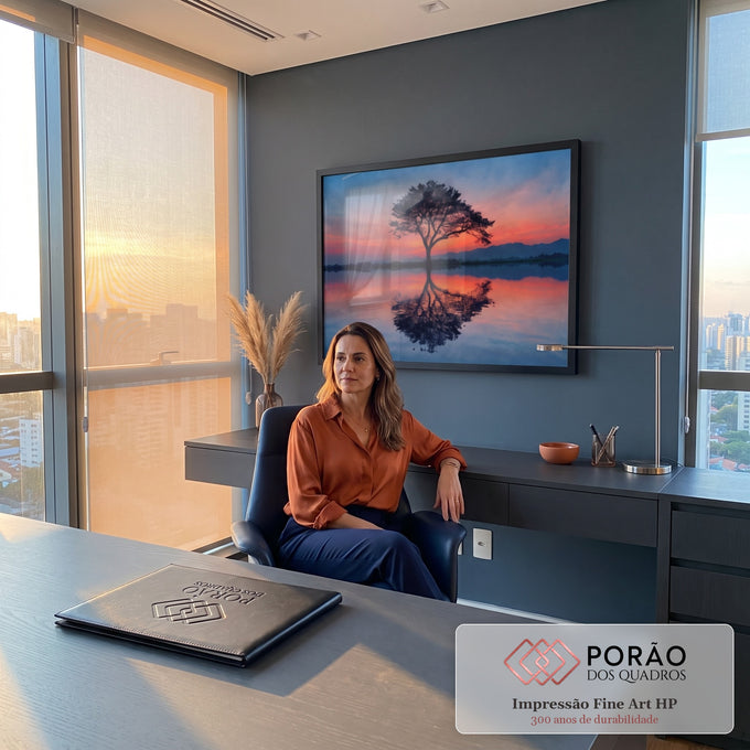 Quadro Decorativo Grande Árvore Solitária Reflexo para Sala | quadros decorativos | árvore solitária em silhueta refletida no lago sob céu de pôr do sol laranja e azul | em ambiente 2 | Porao dos Quadros