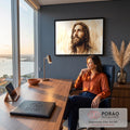 Rosto de Jesus Cristo em aquarela olhando para o céu, em tons bege e sépia, quadro decorativo
