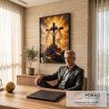 Quadro Decorativo Grande Cruz para Sala Dourado | quadros decorativos | cruz de madeira com coroa de espinhos e tecido branco sobre céu dourado em chamas | em ambiente 2 | Porao dos Quadros