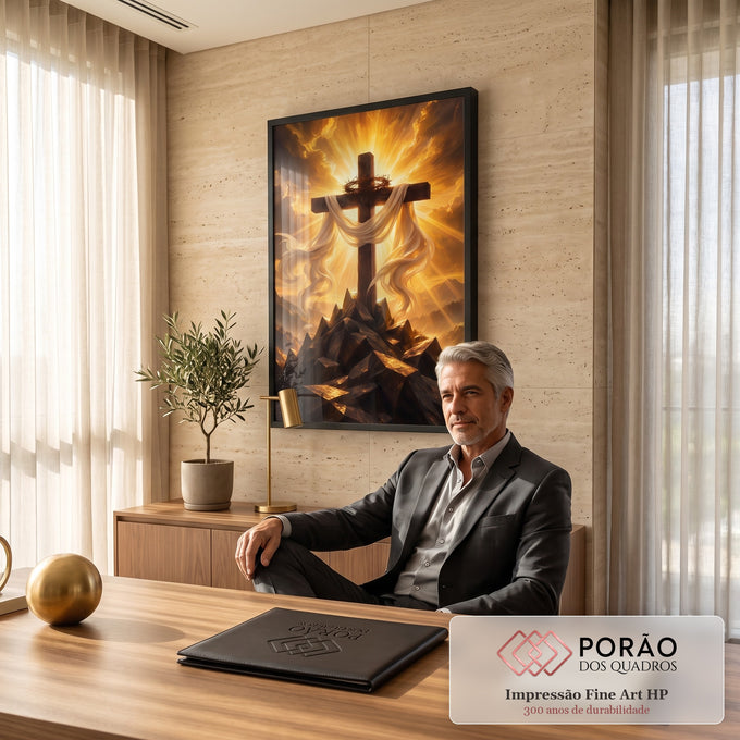 Quadro Decorativo Grande Cruz para Sala Dourado | quadros decorativos | cruz de madeira com coroa de espinhos e tecido branco sobre céu dourado em chamas | em ambiente 2 | Porao dos Quadros