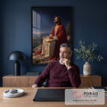Quadro Decorativo Grande Jesus Contemplando para Sala | quadros decorativos | Jesus sentado numa rocha com manto vermelho olhando para o céu estrelado | em ambiente 2 | Porao dos Quadros