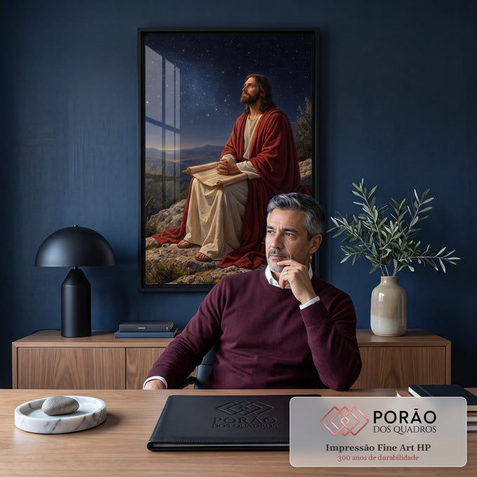 Quadro Decorativo Grande Jesus Contemplando para Sala | quadros decorativos | Jesus sentado numa rocha com manto vermelho olhando para o céu estrelado | em ambiente 2 | Porao dos Quadros