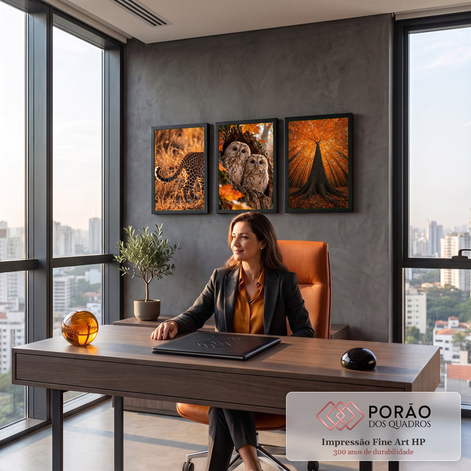 Quadro Decorativo Kit 3 Telas Leopardo Corujas para Sala | quadros decorativos | leopardo na savana, filhotes de coruja em árvore e copa de outono em laranja | em ambiente 2 | Porao dos Quadros