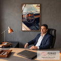 Pintura do interior de Porsche clássico com volante preto e relógios laranja, quadro decorativo