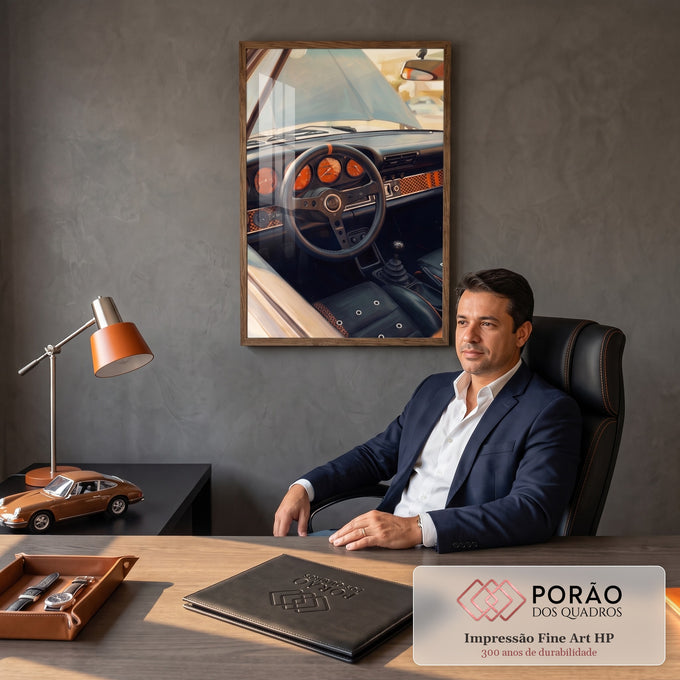 Pintura do interior de Porsche clássico com volante preto e relógios laranja, quadro decorativo