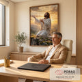 Quadro Decorativo Grande Jesus Orando Dourado para Sala | quadros decorativos | Jesus ajoelhado em oração sobre rocha com céu dourado ao fundo | em ambiente 2 | Porao dos Quadros