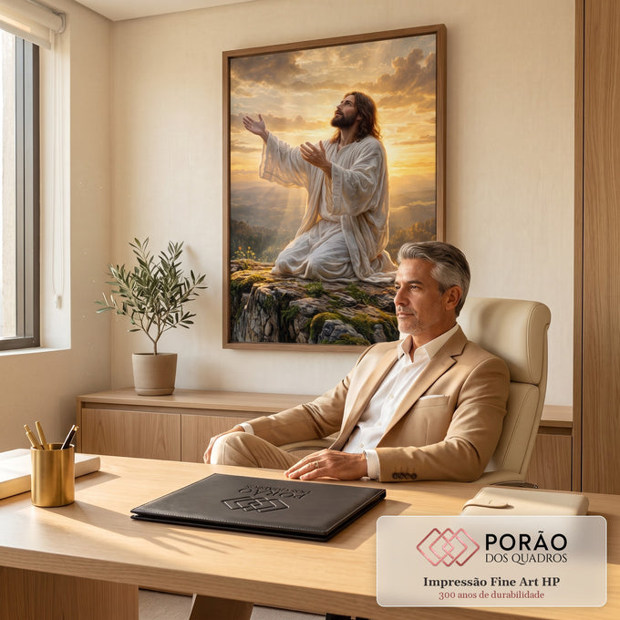 Quadro Decorativo Grande Jesus Orando Dourado para Sala | quadros decorativos | Jesus ajoelhado em oração sobre rocha com céu dourado ao fundo | em ambiente 2 | Porao dos Quadros