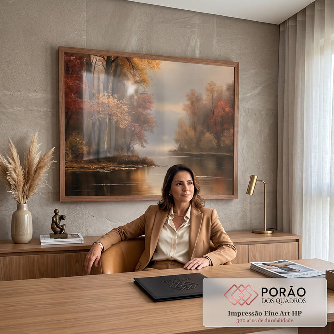 Quadro Decorativo Floresta de Outono à Beira do Lago | quadros decorativos | floresta de outono em tons vermelhos e dourados refletida num lago calmo com névoa | em Quadros para Quarto | Porao dos Quadros
