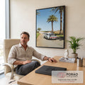 Quadro Decorativo Grande Carro Clássico para Sala Branco | quadros decorativos | carro esportivo branco visto de trás numa estrada com palmeiras e céu azul | em ambiente 2 | Porao dos Quadros