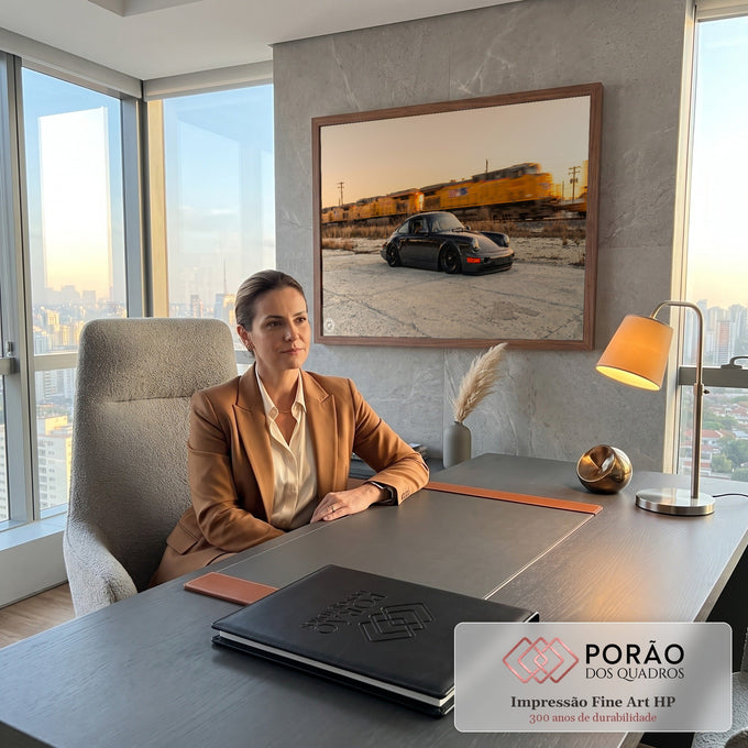 Porsche 911 preto rebaixado diante de trem de carga amarelo borrado sob céu de entardecer, quadro decorativo