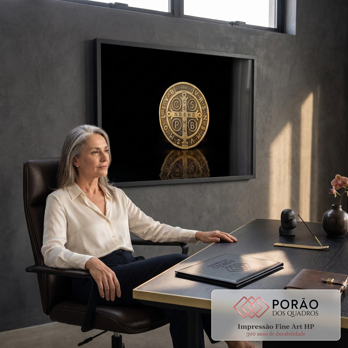 Quadro Decorativo Grande Medalha de São Bento Cruz para Sala | quadros decorativos | medalha de São Bento dourada com cruz e inscrições sobre fundo preto iluminado | em ambiente 2 | Porao dos Quadros