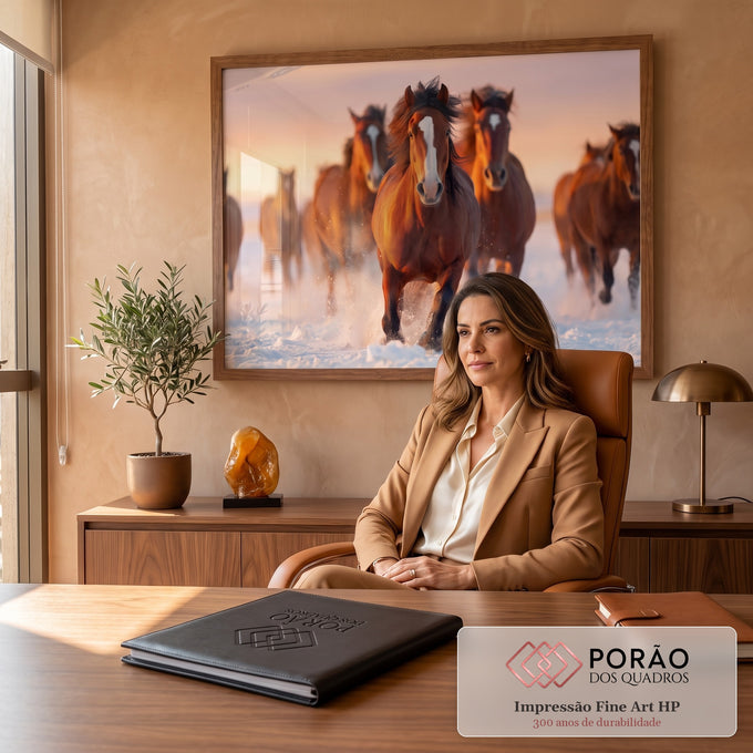 Quadro Decorativo Grande Cavalos Correndo para Sala Marrom | quadros decorativos | cavalos correndo na neve com crina ao vento sob céu de pôr do sol | em ambiente 2 | Porao dos Quadros