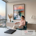 Quadro Decorativo Grande Árvore Solitária para Sala Rosa | quadros decorativos | árvore seca solitária com grande lua rosa ao fundo sobre paisagem abstrata pastel | em ambiente 2 | Porao dos Quadros
