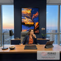 Quadro Decorativo Grande Árvore o Dia para Sala Laranja | quadros decorativos | árvore silhueta dividindo pôr do sol dourado e céu noturno estrelado com Monte Fuji | em ambiente 2 | Porao dos Quadros