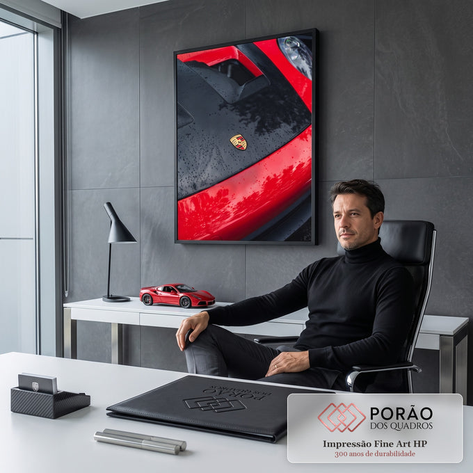 Capô de Porsche vermelho com fibra de carbono, emblema dourado e gotas de chuva, quadro decorativo