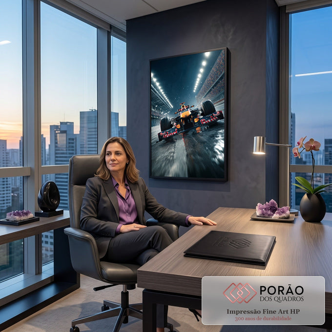 Quadro Decorativo Grande Carro na Pista para Sala Azul | quadros decorativos | carro de azul e vermelho em pista molhada à noite com luzes de estádio | em ambiente 2 | Porao dos Quadros