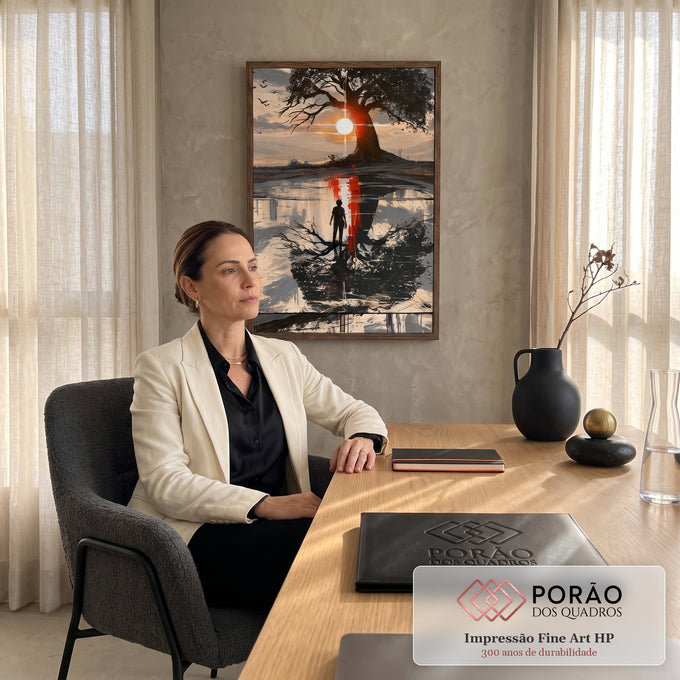 Quadro Decorativo Árvore com Sol Vermelho e Reflexo na Água | quadros decorativos | árvore silhueta com sol vermelho e reflexo na água com figura solitária caminhando | em Quadros para Escritorio | Porao dos Quadros