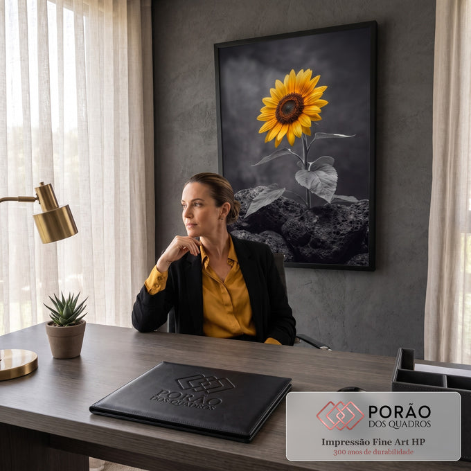 Girassol amarelo brotando entre pedras vulcânicas pretas em fundo cinza escuro, quadro decorativo