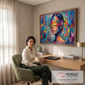 Mulher de olhos vendados por faixa colorida, óleo com espátula em fundo abstrato azul turquesa, quadro decorativo