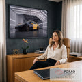 Quadro Decorativo Grande Carro Amarelo para Sala Preto | quadros decorativos | carro esportivo preto e amarelo em garagem iluminada por faixas de led | em ambiente 2 | Porao dos Quadros