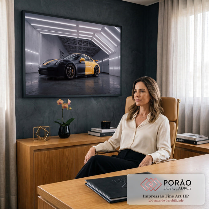 Quadro Decorativo Grande Carro Amarelo para Sala Preto | quadros decorativos | carro esportivo preto e amarelo em garagem iluminada por faixas de led | em ambiente 2 | Porao dos Quadros
