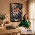 Quadro Decorativo Raposa entre Flores e Borboletas Azuis | quadros decorativos | raposa vermelha cercada de flores brancas, folhas verdes e borboletas azuis no focinho | em Quadros para Quarto | Porao dos Quadros