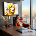 Rosto de mulher formado por blocos amarelos e brancos com lábios vermelhos, quadro decorativo