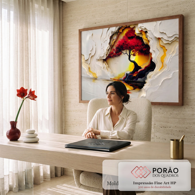 Quadro Decorativo Grande Árvore Vermelha para Sala Branco | quadros decorativos | árvore de folhas vermelhas sobre céu dourado emoldurada por textura branca em relevo | em ambiente 2 | Porao dos Quadros