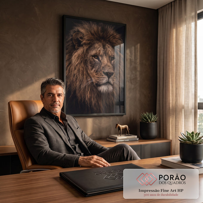 Retrato fotográfico de leão com juba marrom e olhar sereno sobre fundo preto, quadro decorativo