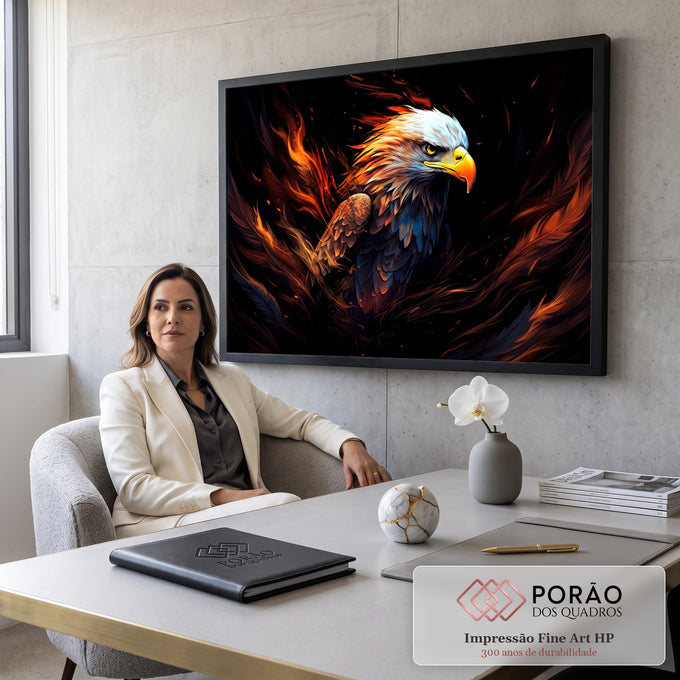Águia de cabeça branca com penas em chamas laranja sobre fundo preto, arte digital, quadro decorativo