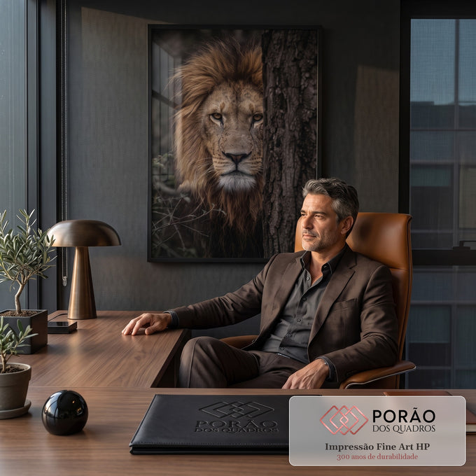 Quadro Decorativo Grande Leão Escondido para Sala Marrom | quadros decorativos | leão com juba dourada espreitando atrás de um tronco de árvore, olhar fixo | em ambiente 2 | Porao dos Quadros