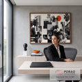 Quadro Decorativo Grande Colagem Urbana para Sala Preto | quadros decorativos | colagem preto e branco com prédios, palmeiras, carros antigos e bustos clássicos | em ambiente 2 | Porao dos Quadros