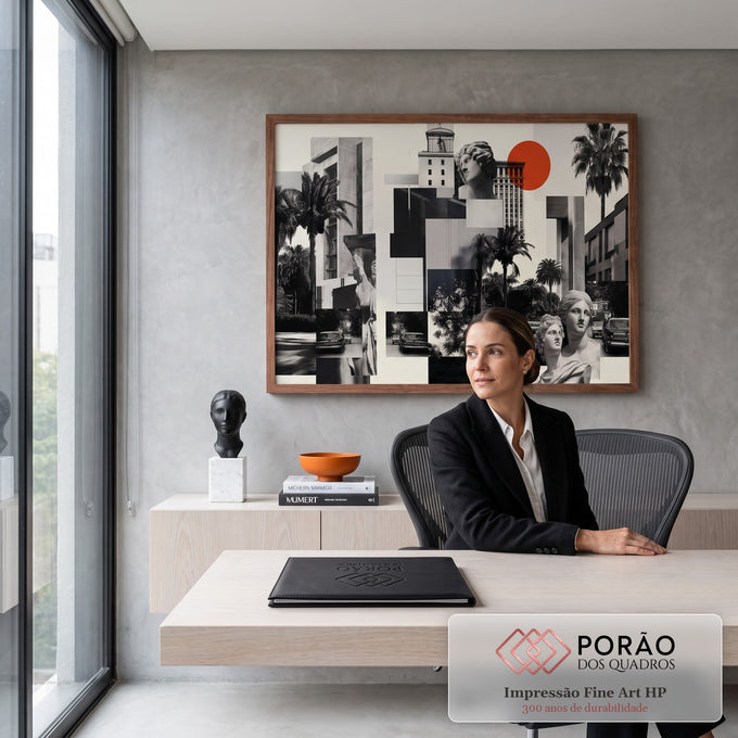 Quadro Decorativo Grande Colagem Urbana para Sala Preto | quadros decorativos | colagem preto e branco com prédios, palmeiras, carros antigos e bustos clássicos | em ambiente 2 | Porao dos Quadros