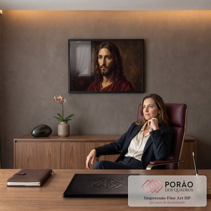 Retrato a óleo de Jesus Cristo com cabelo longo e manto vermelho sobre fundo escuro, quadro decorativo