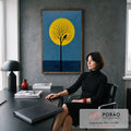 Quadro Decorativo Grande Árvore e Pássaro para Sala Amarelo | quadros decorativos | árvore em silhueta preta com pássaro pousado diante de lua amarela em fundo azul | em ambiente 2 | Porao dos Quadros