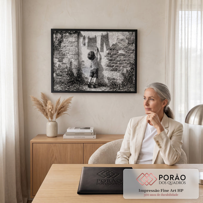 Quadro Decorativo Grande Menino Alcançando para Sala Preto | quadros decorativos | menino de costas alcançando roupas num varal junto a parede de pedra em preto e branco | em ambiente 2 | Porao dos Quadros