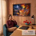 Quadro Decorativo Grande Casal no Banco Laranja para Quarto | quadros decorativos | casal abraçado em banco sob árvore de outono observando cidade iluminada à noite | em ambiente 2 | Porao dos Quadros