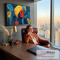 Quadro Decorativo Grande Mulher Africana Vermelho para Sala | quadros decorativos | mulher de perfil com pele vermelha e turbante amarelo entre folhas tropicais azuis | em ambiente 2 | Porao dos Quadros