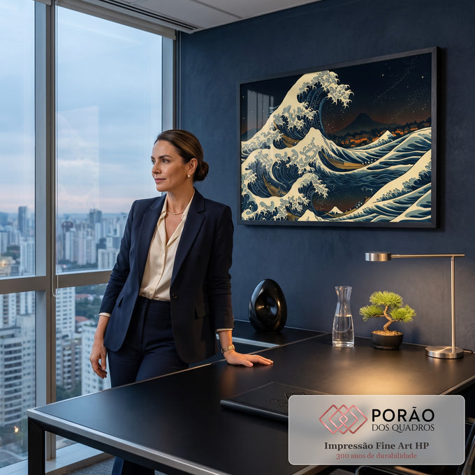 Quadro Decorativo Grande Onda de Hokusai para Sala Azul | quadros decorativos | grande onda azul sobre vilarejo japonês com montanha e céu estrelado ao fundo | em ambiente 2 | Porao dos Quadros
