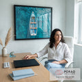 Quadro Decorativo Grande Barco a Remo para Sala Azul | quadros decorativos | vista aérea de barco branco com remos cruzados sobre água turquesa transparente | em ambiente 2 | Porao dos Quadros