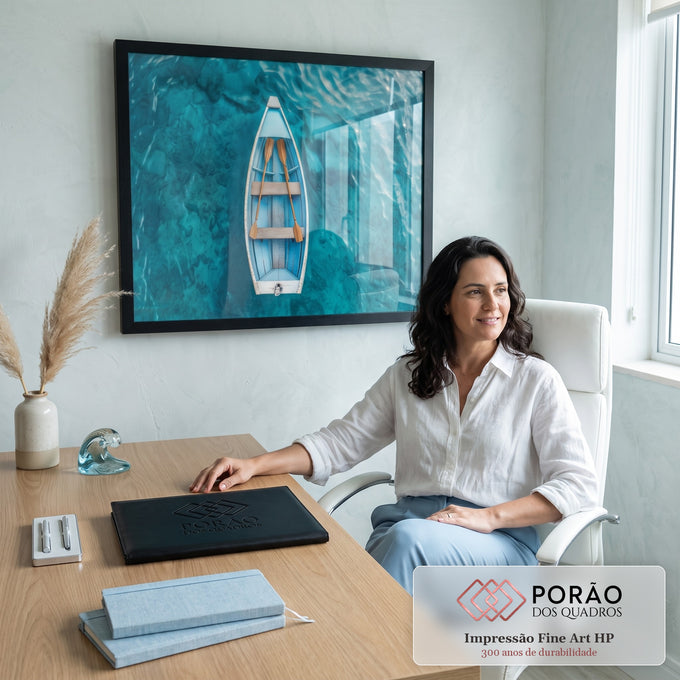 Quadro Decorativo Grande Barco a Remo para Sala Azul | quadros decorativos | vista aérea de barco branco com remos cruzados sobre água turquesa transparente | em ambiente 2 | Porao dos Quadros
