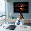 Quadro Decorativo Grande Lua com Rastros de Luz para Sala | quadros decorativos | lua gigante com rastros de luz laranja sobre árvores silhuetadas refletidas no lago | em ambiente 2 | Porao dos Quadros